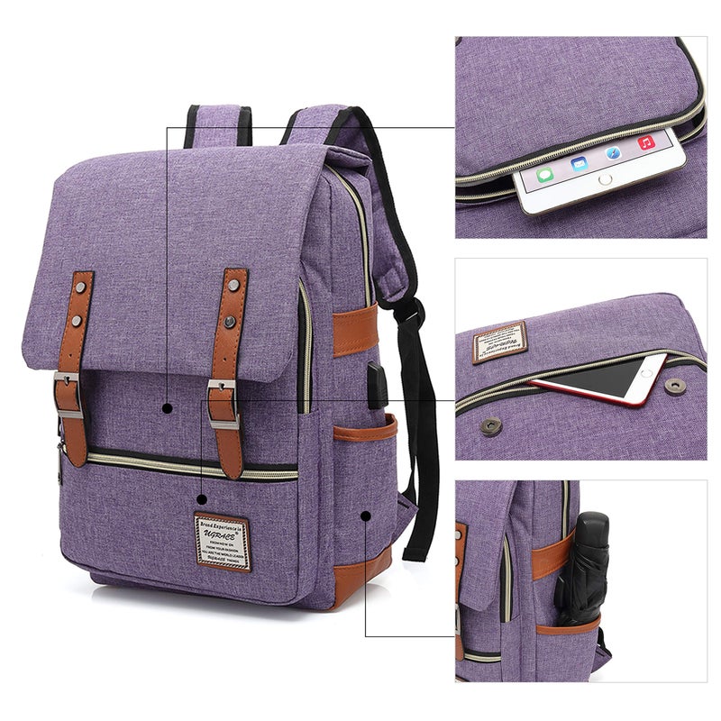 UGRACE Vintage Laptop Backpack with USB Charging Port, Elegant Water Resistant Travelling Backpack Casual Daypacks College Shoulder Bag for Men Women, Fits up to 15.6Inch Laptop in Purple - Image 5